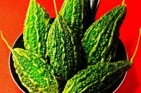 A close-up image of a fresh green bitter gourd, one of the lesser-known fruits and vegetables, showcasing its rough, textured surface on a plain background.