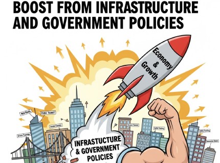 A powerful arm representing infrastructure and government policies propels an economic growth rocket above broken foundations towards a thriving city