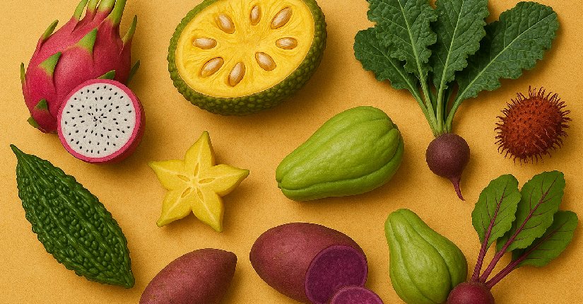 A realistic photo featuring a colorful assortment of lesser-known fruits and vegetables, including dragon fruit, jackfruit, kale, bitter gourd, starfruit, purple sweet potatoes, chayote, beetroot, and rambutan, arranged neatly on a warm yellow background.