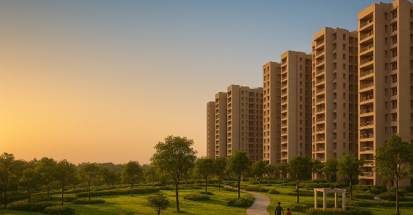 Modern residential community by Parsvnath Developers featuring lush green landscapes, walking paths, and lifestyle-driven living spaces at sunset.