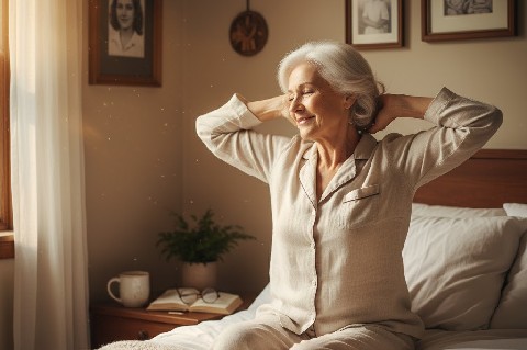 Older woman stretching and smiling in morning sunlight, representing good sleep benefits for healthy aging and overall wellbeing